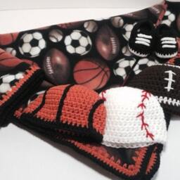 Sports Themed Fleece Baby Blanket Set Comes With 3 Hats, Blanket, Booties & Lovey - Baseball, Basketball Football - thumbnail 2