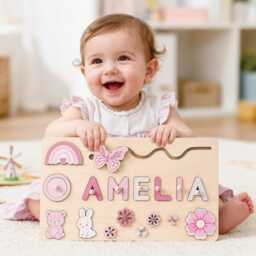 Custom Baby Name Puzzle, Kids Early Learning Busy Board, Wood Room Decor, 1st Birthday Gifts For Baby, Personalized Toddler Toy Gift - thumbnail 3