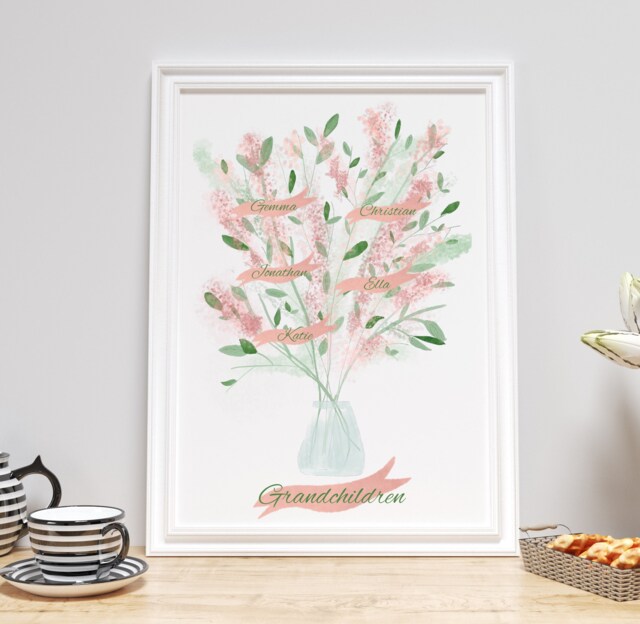 Personalized Family Tree Print - Watercolor Flowers, Unique Grandparent Gift - image 1