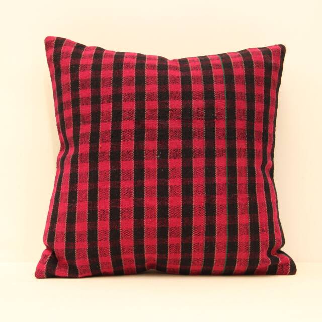 Vintage Kilim Pillow Cover 16x16 Red & Black Checkered Wool Cushion - image 1
