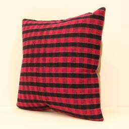 Vintage Kilim Pillow Cover 16x16 Red & Black Checkered Wool Cushion - thumbnail 3