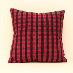 Vintage Kilim Pillow Cover 16x16 Red & Black Checkered Wool Cushion - thumbnail 1