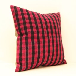 Vintage Kilim Pillow Cover 16x16 Red & Black Checkered Wool Cushion - thumbnail 2