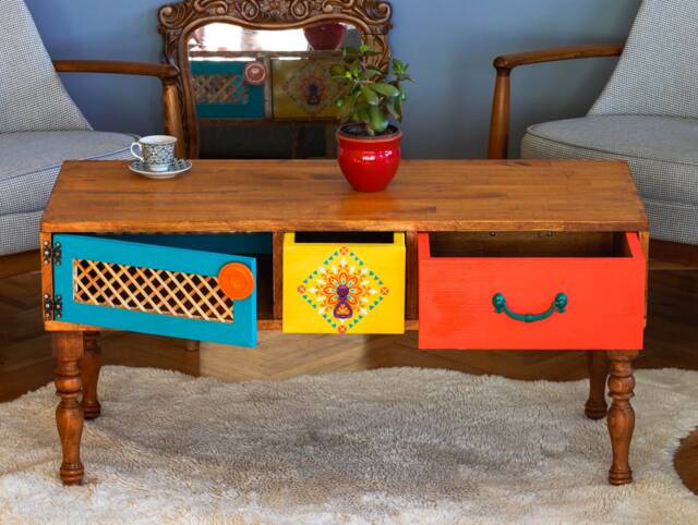 Colorful Coffee Table With 2 Drawers & Door That Can Be Opened To Both Sides, Bohemian Style Livingroom Rengtangle Center Table, Home Gift - image 1