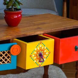 Colorful Coffee Table With 2 Drawers & Door That Can Be Opened To Both Sides, Bohemian Style Livingroom Rengtangle Center Table, Home Gift - thumbnail 2