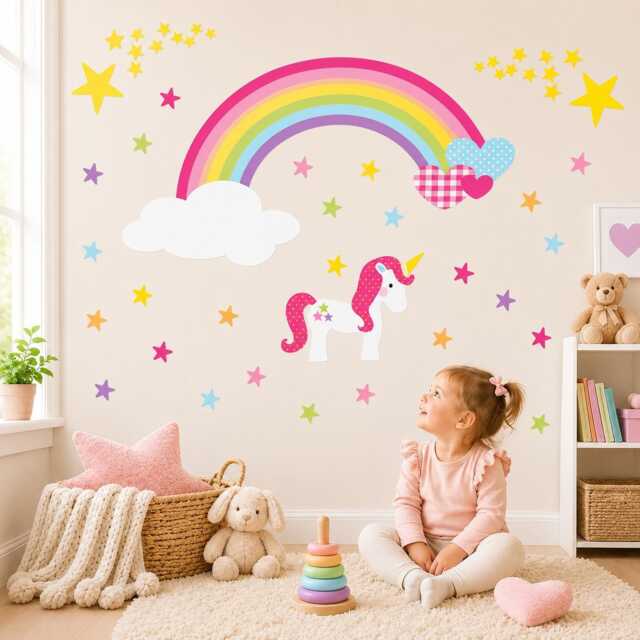 Rainbow Unicorn Nursery Wall Stickers Magical Star Decals - image 1