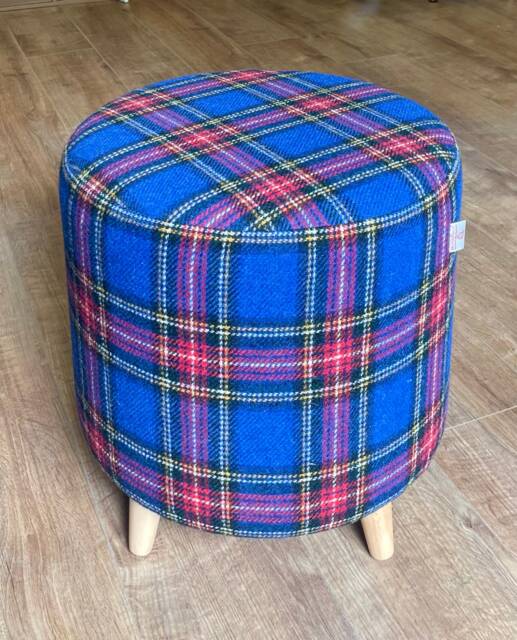 Harris Tweed Blue Tartan Footstool With Tiny Light Wooden Legs - image 1