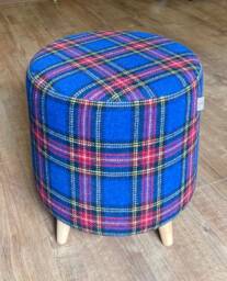 Harris Tweed Blue Tartan Footstool With Tiny Light Wooden Legs - thumbnail 1