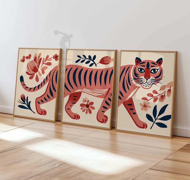 Tiger Wall Art Set Of 3, Modern Jungle Animal Print, Bold Red Safari Poster, Boho Decor, Illustrated Artwork For Kids Or Home - image 1
