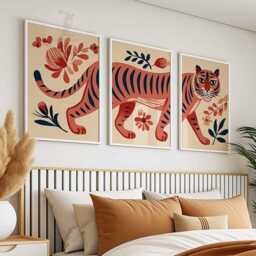 Tiger Wall Art Set Of 3, Modern Jungle Animal Print, Bold Red Safari Poster, Boho Decor, Illustrated Artwork For Kids Or Home - thumbnail 2