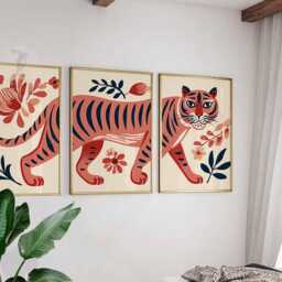 Tiger Wall Art Set Of 3, Modern Jungle Animal Print, Bold Red Safari Poster, Boho Decor, Illustrated Artwork For Kids Or Home - thumbnail 3