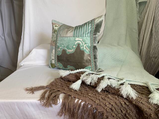 Designers Guild Pillow Cover Mineral Green Silk Velvet With Gold Trim - image 1