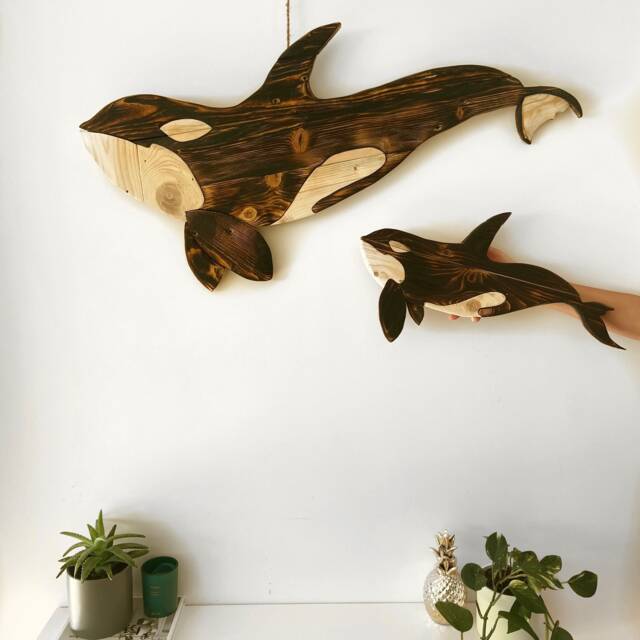 Reclaimed Wood Orca Wall Art Handmade Mother & Calf Sculpture - image 1