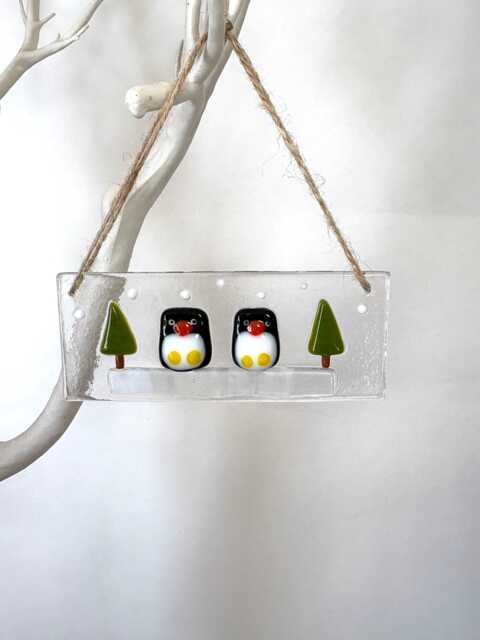 Fused Glass Penguin Christmas Ornament Snowy Tree Scene - image 1