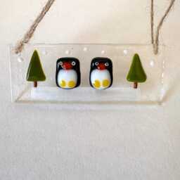 Fused Glass Penguin Christmas Ornament Snowy Tree Scene - thumbnail 3
