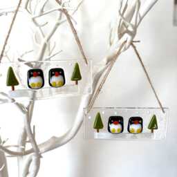 Fused Glass Penguin Christmas Ornament Snowy Tree Scene - thumbnail 2