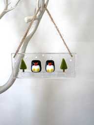 Fused Glass Penguin Christmas Ornament Snowy Tree Scene