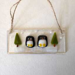 Fused Glass Penguin Christmas Ornament Snowy Tree Scene - thumbnail 4