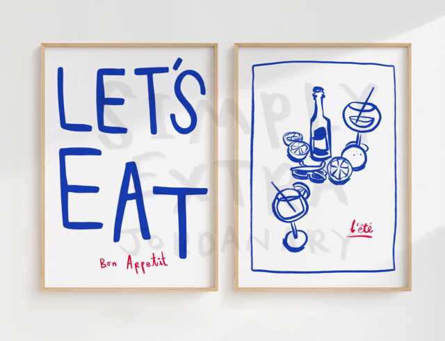 Set Of 2 Let's Eat Prints, Print Ideas, Blue Wall Art, Kitchen Aesthetic Decor, Gallery Wall, Home Inspo, Unframed - image 1