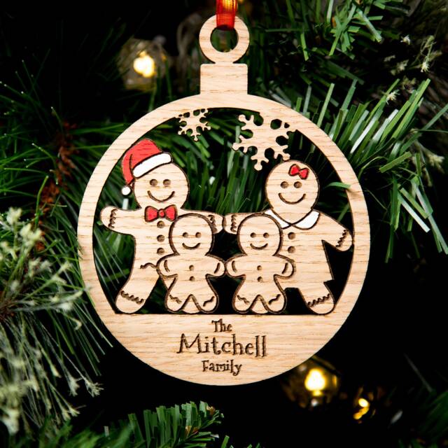 Family Christmas Tree Decoration, Personalised Bauble, Wood Engraved Xmas Ornament, Gingerbread - image 1