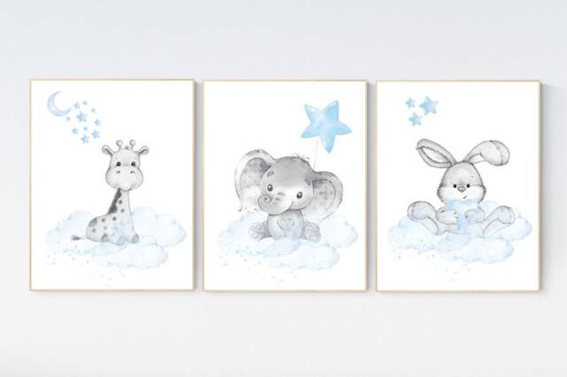 Elephant & Giraffe Nursery Prints Blue Grey Baby Room Wall Art - image 1