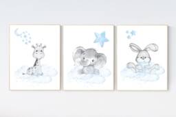 Elephant & Giraffe Nursery Prints Blue Grey Baby Room Wall Art - thumbnail 1