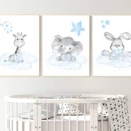 Elephant & Giraffe Nursery Prints Blue Grey Baby Room Wall Art - thumbnail 2