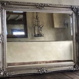 statement Antique Silver Wooden Large Swept Gilt Ornate French Over Mantle Leaner Wall Beveled Mirror 5 Ft X 4 - thumbnail 4