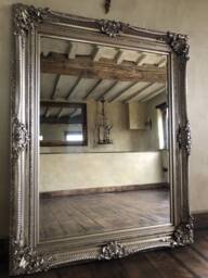 statement Antique Silver Wooden Large Swept Gilt Ornate French Over Mantle Leaner Wall Beveled Mirror 5 Ft X 4