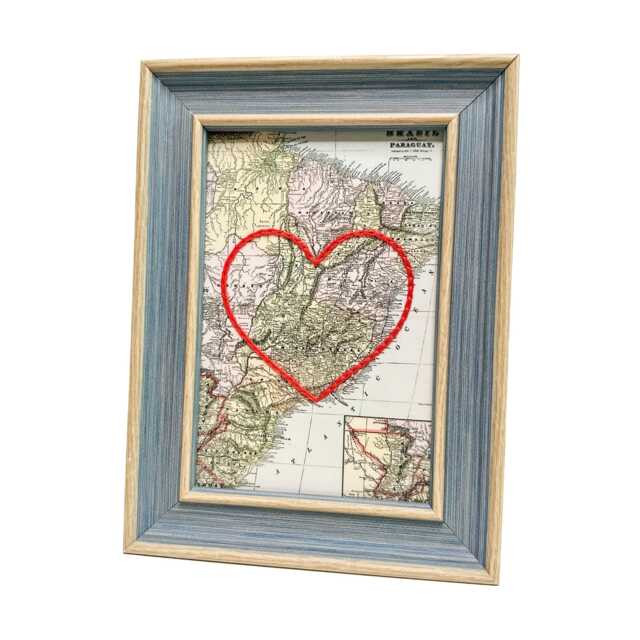 Brazil Heart Map - Custom Gift Anniversary For Him Framed Wedding Vintage Print Of W Hand-Embroidered - image 1