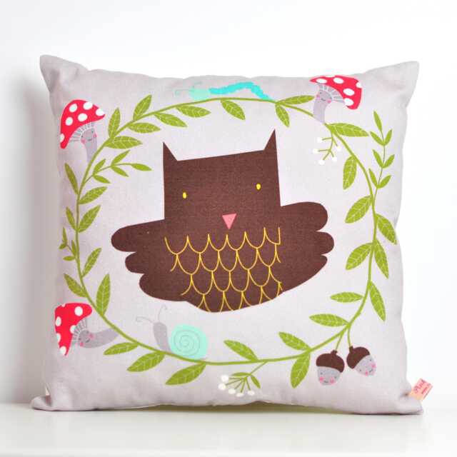 Decorative Throw Pillow For Kids Room With Owl in Brown, By Pinknounou - image 1