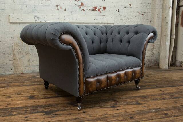Handmade Dark Grey Herringbone Wool Chesterfield Snuggle Armchair - Antique Tan Leather Details - image 1
