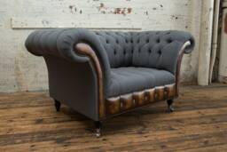Handmade Dark Grey Herringbone Wool Chesterfield Snuggle Armchair - Antique Tan Leather Details - thumbnail 1