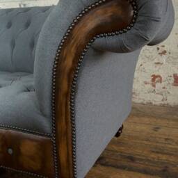 Handmade Dark Grey Herringbone Wool Chesterfield Snuggle Armchair - Antique Tan Leather Details - thumbnail 3