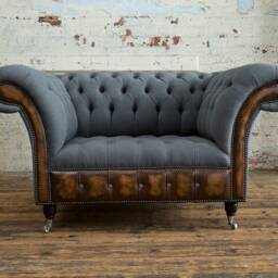 Handmade Dark Grey Herringbone Wool Chesterfield Snuggle Armchair - Antique Tan Leather Details - thumbnail 2