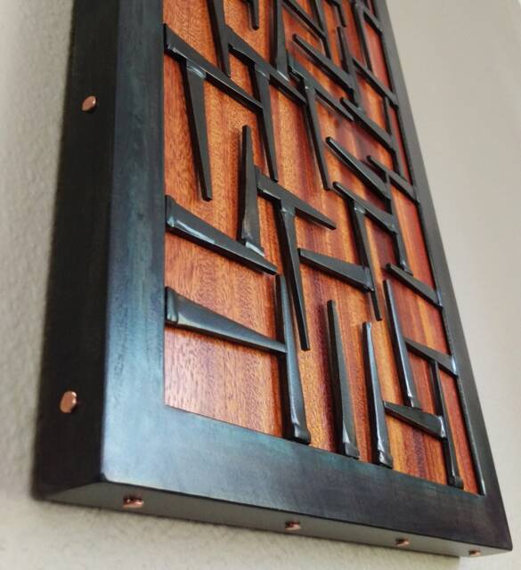 Wood Wall Art- & Metal Art Sculpture - Welded Steel Nails, Copper, & Ribboned African Mahongany Accent Piece - Medium Size - image 1