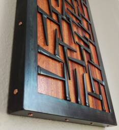 Wood Wall Art- & Metal Art Sculpture - Welded Steel Nails, Copper, & Ribboned African Mahongany Accent Piece - Medium Size - thumbnail 1