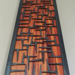 Wood Wall Art- & Metal Art Sculpture - Welded Steel Nails, Copper, & Ribboned African Mahongany Accent Piece - Medium Size - thumbnail 2