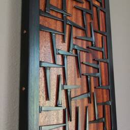 Wood Wall Art- & Metal Art Sculpture - Welded Steel Nails, Copper, & Ribboned African Mahongany Accent Piece - Medium Size - thumbnail 4