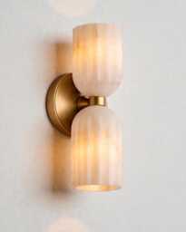 Handmade Double Brass Wall Sconce With Natural Alabaster Lamp - Mid Century Modern Luxury Wall Sconce Bedroom Or Hallway D??cor