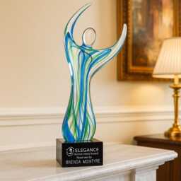 Glass Sculpture Engraved Personalized Message Feminine Ballerina Dancing Statue Mother's Day Gift Blue Green Delicate Goddess Simple Award