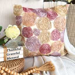 "Satin Ribbon Embroidered Pink, Purple & Orange Rose Decorative Pillow Sham, 24""x24" - thumbnail 1