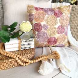 "Satin Ribbon Embroidered Pink, Purple & Orange Rose Decorative Pillow Sham, 24""x24" - thumbnail 2