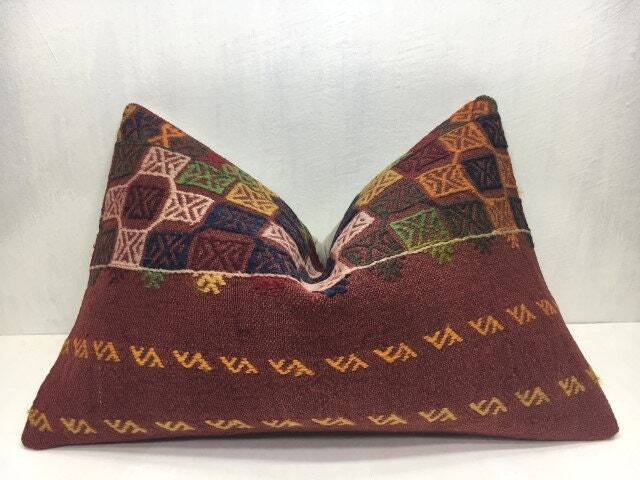 Vintage Turkish Kilim Lumbar Pillow Cover, Ethnic Woven Cushion - 16x24 - image 1