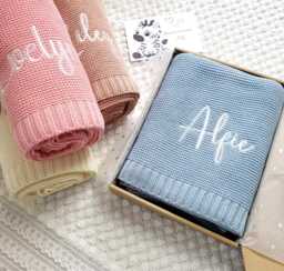 Personalised Baby Blanket - 100% Cotton Knit Embroidered Newborn