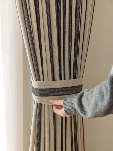 Fergus Striped Linen Curtain, Blend Curtain With Black Stripes, Semi Blackout Darkening Textured Panle, 1Pc - image 1