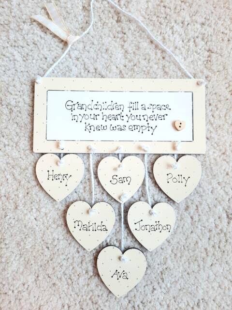 Grandchildren Personalised Wooden Gift Plaque. Grandparents Family Home Sign With Hanging Hearts - image 1