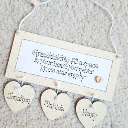 Grandchildren Personalised Wooden Gift Plaque. Grandparents Family Home Sign With Hanging Hearts - thumbnail 3