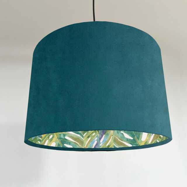Teal Velvet Drum Lampshade, Double Sided Lampshade With Palm Leaves Cotton Interior, Ceiling Light Shade - image 1