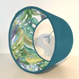 Teal Velvet Drum Lampshade, Double Sided Lampshade With Palm Leaves Cotton Interior, Ceiling Light Shade - thumbnail 2